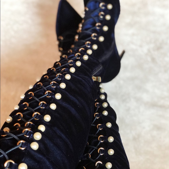 Thea - Thigh High Pearl Corset Boot Navy Blue - Picture 3 of 3